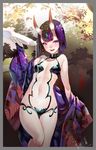 absurdres alcohol bob_cut breasts chushengdao cup fangs fate/grand_order fate_(series) highres horns japanese_clothes jewelry kimono lips looking_at_viewer navel oni oni_horns open_mouth pale_skin purple_hair sakazuki sake short_hair shuten_douji_(fate/grand_order) small_breasts smile solo standing 