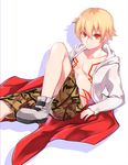  blonde_hair child child_gilgamesh den_itsuki fate/grand_order fate/hollow_ataraxia fate_(series) gilgamesh hood hoodie looking_at_viewer male_focus red_eyes shorts smile solo younger 