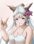  animal_ears bare_shoulders blue_eyes blush breasts cleavage closed_mouth commentary erune granblue_fantasy haido_(ryuuno_kanzume) hair_ornament hand_gesture highres large_breasts long_hair looking_at_viewer pink_background shirt sketch smile socie_(granblue_fantasy) solo spaghetti_strap upper_body very_long_hair white_shirt 