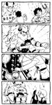 2boys 4koma asterios_(fate/grand_order) bare_chest blood closed_eyes comic cow_horns crying fate/grand_order fate_(series) fujimaru_ritsuka_(male) gameplay_mechanics greyscale highres horns horseshoe hug long_hair mash_kyrielight michiru_(amphibian) monochrome multiple_boys scar shield short_hair size_difference smile streaming_tears tears translated 
