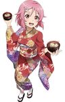  artist_request bowl floral_print food freckles full_body hair_ornament hairclip holding japanese_clothes kimono lisbeth obi official_art open_mouth pink_eyes pink_hair red_kimono round_teeth sandals sash short_hair simple_background solo sword_art_online tabi teeth white_background wide_sleeves 