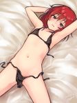  1girl areola_slip areolae arm_behind_head arm_up armpits artist_name bangs bed_sheet bikini black_bikini blush brown_eyes commentary_request dated erect_nipples eyebrows_visible_through_hair flat_chest gojarun highres idolmaster idolmaster_cinderella_girls lying micro_bikini murakami_tomoe navel on_back on_bed open_mouth red_hair short_hair solo swimsuit twitter_username untied untied_bikini 