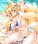  animal_ears arms_behind_head arms_up artist_name at_classics bangs bare_arms bare_legs barefoot bikini blonde_hair blue_bikini blue_bow blush bow breasts closed_mouth covered_nipples eyebrows_visible_through_hair fox_ears fox_tail groin hair_between_eyes hair_bow large_breasts looking_at_viewer micro_bikini multiple_tails navel sample sand short_hair side-tie_bikini sitting solo swimsuit tail touhou traditional_media untied untied_bikini wariza water watermark yakumo_ran yellow_eyes 