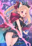  animal_ears bangs between_breasts black_leotard blonde_hair bow breasts cat_ears cat_tail cloak commentary_request cowboy_shot crown dutch_angle ereshkigal_(fate/grand_order) eyebrows_visible_through_hair fang fate/grand_order fate_(series) fireworks hair_bow highleg highleg_leotard holding holding_staff kemonomimi_mode leotard long_hair looking_at_viewer medium_breasts open_mouth parted_bangs purple_bow red_eyes solo staff strap_cleavage suzuho_hotaru tail tareme two_side_up 