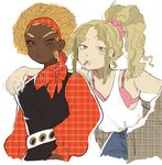  afro aqua_teen_hunger_force arm_around_shoulder bare_shoulders belt blonde_hair bow bra brown_eyes cigarette commentary cowboy_shot curly_hair dark_skin english_commentary eyebrows flat_color freckles frylock genderswap genderswap_(mtf) high_ponytail highres light_brown_hair lips long_hair long_sleeves loose_belt master_shake multiple_girls no_sclera personification pink_scrunchie plaid plump puffy_sleeves scrunchie shirt_tucked_in simple_background sweatdrop tank_top thick_eyebrows tokimekiwaku underwear unmoving_pattern very_dark_skin white_background white_belt 