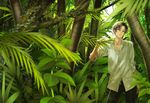  black_pants brown_eyes brown_hair collarbone day forest green leaf looking_at_viewer male_focus minamibe moss nature original outdoors pants shirt solo standing tree white_shirt 