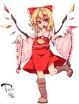  alternate_costume ascot blonde_hair boots bow brown_footwear commentary_request cosplay detached_sleeves flandre_scarlet hair_bow hakurei_reimu hakurei_reimu_(cosplay) open_mouth red_bow red_eyes red_skirt ribbon-trimmed_sleeves ribbon_trim shamo_(koumakantv) simple_background skirt skirt_set solo standing standing_on_one_leg touhou vest white_background wide_sleeves wings 