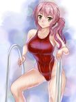  brown_eyes competition_swimsuit cowboy_shot highleg highleg_swimsuit mashinatsu one-piece_swimsuit original pink_hair pool_ladder red_swimsuit side_ponytail smile solo swimsuit wet wet_clothes wet_swimsuit 