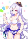  bad_id bad_pixiv_id bangs bikini blue_bikini_bottom blue_eyes blush breasts collarbone commentary_request cowboy_shot hair_between_eyes hand_up hat heterochromia large_breasts lavender_hair long_hair looking_at_viewer mini_hat mismatched_bikini navel nyori open_mouth original polka_dot polka_dot_background polka_dot_bikini purple_eyes purple_hair sidelocks smile solo straw_hat sun_hat swimsuit thighs very_long_hair white_bikini_top 