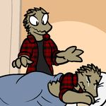  2017 aliasing ambiguous_gender anthro bed clothed clothing crying digital_media_(artwork) duo flannel lizard lizard_(trout) loss lying meme parody pattern_clothing plaid reptile scalie shirt tears trout_(artist) western_fence_lizard worried 