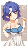  akane_yuki antenna_hair bare_shoulders blue_hair blush breasts brown_eyes cleavage collarbone commentary_request cowboy_shot dress idolmaster idolmaster_million_live! large_breasts looking_at_viewer paw_pose short_hair smile solo strapless strapless_dress toyokawa_fuuka wavy_hair 