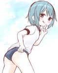  :q adjusting_buruma adjusting_clothes ass bad_id bad_pixiv_id blue_buruma blue_eyes blue_hair blush buruma finger_to_mouth gym_uniform idu_michito looking_back mahou_shoujo_madoka_magica miki_sayaka short_hair short_sleeves smile solo thighs tongue tongue_out 