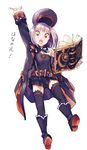 :o bangs bare_shoulders belt beret blue_ribbon blunt_bangs book boots coat commentary_request detached_collar dress fate/grand_order fate_(series) flat_chest full_body hand_up hat hat_removed headwear_removed helena_blavatsky_(fate/grand_order) holding holding_book jumping knee_boots lavender_hair long_sleeves looking_at_viewer open_book open_clothes open_coat open_mouth purple_coat purple_dress purple_footwear purple_hat purple_legwear red_eyes ribbon shiny shiny_hair short_hair simple_background solo strapless surprised thighhighs translation_request urayamashiro_(artist) white_background 