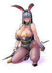  alternate_costume animal_ears bangs bare_shoulders black_gloves black_legwear blush breasts bunny_ears bunnysuit cleavage detached_collar fake_animal_ears full_body gloves holding holding_weapon huge_breasts long_hair looking_at_viewer nose_blush one_knee open_mouth pantyhose red_eyes selvaria_bles senjou_no_valkyria silver_hair solo tsuda_nanafushi very_long_hair weapon wrist_cuffs 