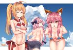  1boy 2girls ahoge animal_ears ass back bare_back bare_shoulders beach bikini blonde_hair blush bow braid breasts caster_(fate/extra) cleavage denim denim_shorts eyes_closed fang fate/apocrypha fate/grand_order fox_ears hair_bow hair_ribbon large_breasts leaning leaning_forward long_hair looking_at_viewer looking_back multiple_girls nero_claudius_(swimsuit)_(fate) nero_claudius_(swimsuit_caster)_(fate) open_mouth orange_eyes panties parted_lips pink_hair ribbon rider_of_black saber_extra shiny shiny_hair shorts shorts_pull single_braid smcy smile swimsuit tamamo_no_mae_(swimsuit_lancer)_(fate) trap twintails very_long_hair 