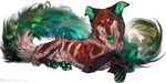  4_toes ambiguous_gender brown_fur canine cosmic_hair feral fur green_eyes green_pawpads lying mammal pawpads paws solo tatchit toes 