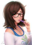  black-framed_eyewear breasts brown_eyes brown_hair brushing_teeth ecopoint_mei glasses hair_down large_breasts looking_at_viewer mei_(overwatch) messy_hair mole mole_under_eye off-shoulder_sweater overwatch sleepy solo sweater tank_top toothbrush umigraphics upper_body white_background 