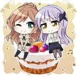  amahane_(n_amaha) bang_dream! beamed_eighth_notes boots brown_hair butterfly_hair_ornament cake chibi eighth_note food green_eyes hair_ornament imai_lisa jewelry long_hair long_sleeves minato_yukina multiple_girls musical_note necklace pantyhose purple_hair quarter_note sitting smile star tears thigh_boots thighhighs yellow_eyes 