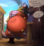  2017 abdominal_bulge anthro arm_support belly big_belly canine chimney clothing detailed_background disney footwear fur grey_fur hat jewelry male mammal necklace robin_hood sheriff_of_nottingham speech_bubble stomach_noises tanio text village vore wolf 