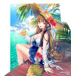  blue_bow blue_ribbon blush bow breasts brown_hair cleavage company_name copyright_name eyebrows_visible_through_hair flower gem green_eyes hat hat_bow hat_flower hat_ribbon interitio large_breasts long_hair looking_at_viewer ocean one_eye_closed open_mouth pink_hat ribbon sid_story sitting smile solo straw_hat sun_hat sunset twitter_username 