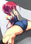  1girl ass bare_legs barefoot dutch_angle feet female from_behind hair_ornament i-168_(kantai_collection) kantai_collection long_hair looking_at_viewer looking_back off_shoulder one-piece_swimsuit profile red_hair soles solo swimsuit thighs toes unomi wet x_hair_ornament 