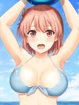  bare_shoulders blue_sky blush breasts day eyebrows_visible_through_hair highres inanaki_shiki large_breasts looking_at_viewer open_mouth orange_eyes orange_hair shiny short_hair sky solo swimsuit wet yahari_ore_no_seishun_lovecome_wa_machigatteiru. yuigahama_yui 