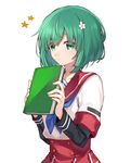 ahoge bangs blue_neckwear blush book citron_82 eyebrows_visible_through_hair flower green_eyes green_hair hair_flower hair_ornament highres holding holding_book long_sleeves looking_at_viewer magia_record:_mahou_shoujo_madoka_magica_gaiden mahou_shoujo_madoka_magica natsume_kako neckerchief parted_lips pleated_skirt school_uniform serafuku short_hair simple_background skirt star upper_body white_background 