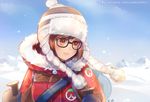  atobesakunolove beanie black-framed_eyewear blue_sky brown_eyes brown_hair canister coat day ecopoint_mei emblem fur-trimmed_boots fur-trimmed_jacket fur_trim glasses hat holding jacket light_smile looking_to_the_side mei_(overwatch) outdoors overwatch robot signature sky snow snowball_(overwatch) solo upper_body watermark web_address winter_clothes winter_coat 