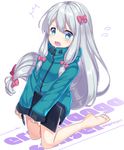  1girl bangs bare_legs barefoot blue_eyes blue_jacket blush bow commentary_request copyright_name d: drawing_tablet eromanga_sensei eyebrows_visible_through_hair flying_sweatdrops hair_between_eyes hair_bow holding izumi_sagiri jacket kneeling long_hair looking_at_viewer low-tied_long_hair nyori open_mouth silver_hair solo stylus tablet tareme twitter_username v-shaped_eyebrows very_long_hair 
