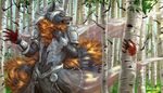  5_fingers amenlona anthro armor black_nose blood canine day detailed_background forest fur grey_fur hair male mammal outside solo teeth tree white_hair wolf 