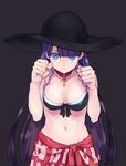  &gt;:| 1girl bangs bare_arms bikini black_bikini black_hat blue_eyes blunt_bangs breasts breasts_apart choker cleavage clenched_hands closed_mouth cross earrings fate/grand_order fate_(series) fighting_stance frills hat image_sample jewelry long_hair looking_at_viewer medium_breasts navel purple_hair saint_martha saint_martha_(swimsuit_ruler)_(fate) sarong serious simple_background solo standing stomach swimsuit twitter_sample urayamashiro_(artist) very_long_hair 