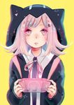  2016 animal_hood artist_name bangs black_hoodie blurry_vision cat_hood chromatic_aberration danganronpa expressionless game_console hair_flaps handheld_game_console highres hood hoodie looking_at_viewer nanami_chiaki neck_ribbon parted_bangs parted_lips pink_eyes pink_hair playstation_portable ribbon school_uniform solo super_danganronpa_2 triangle upper_body yellow_background yennineii 