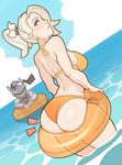  1girl ass bare_back bare_shoulders bikini blonde_hair blue_eyes blush breasts dutch_angle eyewear_on_head genji_(overwatch) glint high_ponytail highres innertube lips looking_at_viewer looking_back medium_breasts mercy_(overwatch) ocean orange_bikini overwatch ponytail splashbrush sunglasses swimsuit thighs yellow_bikini 