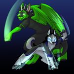  2017 anthro black_fur canine clothed clothing duo feathered_wings feathers featureless_crotch foxenawolf fur glowing glowing_eyes green_wings mammal nude wings 