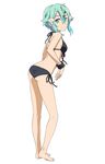  aqua_eyes aqua_hair ass barefoot bikini black_bikini black_scrunchie full_body hair_flaps hair_ornament hairclip halter_top halterneck looking_at_viewer official_art scrunchie seashell_hair_ornament short_hair side-tie_bikini sinon smile solo standing swimsuit sword_art_online wrist_scrunchie 