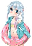  3: absurdres bangs bikini bikini_skirt blush breasts cacao_(chocolat) closed_mouth cowboy_shot doughnut_innertube eromanga_sensei eyebrows_visible_through_hair gradient_hair highres hood hoodie innertube izumi_sagiri long_hair looking_at_viewer multicolored_hair open_clothes open_hoodie pink_bikini ponytail sidelocks silver_hair simple_background small_breasts solo swimsuit tareme white_background 