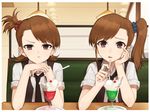  arm_rest brown_eyes brown_hair cherry commentary_request drinking_straw food fruit futami_ami futami_mami hair_bobbles hair_ornament hand_on_own_cheek hitoto idolmaster idolmaster_(classic) indoors long_hair looking_at_viewer multiple_girls necktie open_mouth parfait pout shirt short_hair short_sleeves siblings side_ponytail sisters sitting table twins vest 