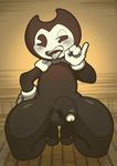  anthro balls barefoot bendy bendy_and_the_ink_machine blush bow close-up clothing crouching demon gloves ink kori-nio male nude on_floor open_mouth penis pinky_out sitting smile solo squint teeth thick_penis thick_thighs tongue tongue_out uncut video_games 