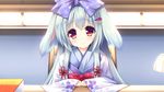  animal_ears bangs bow chair closed_mouth ears_down eyebrows_visible_through_hair hair_between_eyes hair_bow hair_ornament head_tilt highres indoors japanese_clothes kimono lamp long_hair long_sleeves looking_at_viewer moekibara_fumitake print_bow purple_bow purple_eyes red_bow sidelocks silver_hair sitting sleeves_past_wrists smile solo tarumi_konoha very_long_hair white_kimono wide_sleeves window wooden_chair yorite_konoha_wa_kurenai_ni 