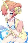  bikini blue_bikini blue_eyes breasts double_bun fate/grand_order fate_(series) frankenstein's_monster_(fate) frankenstein's_monster_(swimsuit_saber)_(fate) hair_ornament hair_over_one_eye highres horn looking_at_viewer pink_hair short_hair small_breasts solo swimsuit takeshima_(nia) 