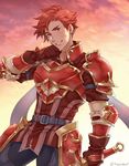  armor blood blood_on_face breastplate cain_(fire_emblem) fire_emblem fire_emblem:_ankoku_ryuu_to_hikari_no_tsurugi fire_emblem:_monshou_no_nazo fire_emblem:_shin_ankoku_ryuu_to_hikari_no_tsurugi fire_emblem:_shin_monshou_no_nazo gloves highres holding holding_sword holding_weapon looking_at_viewer male_focus pauldrons red_armor red_eyes red_hair scarf smile solo spiked_hair sword tecchen weapon 