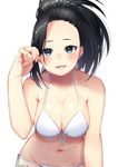  :d bare_shoulders bikini black_hair blush boku_no_hero_academia breast_squeeze breasts cleavage grey_eyes hand_in_hair highres isati_49 large_breasts leaning_forward looking_at_viewer navel open_mouth ponytail side-tie_bikini simple_background smile solo stomach swimsuit twitter_username white_background yaoyorozu_momo 