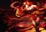  black_gloves bodysuit breasts cleavage crimson_avenger_(elsword) elbow_gloves elesis_(elsword) elsword floating_hair gloves holding holding_sword holding_weapon long_hair medium_breasts red_hair shiny shiny_clothes solo sword very_long_hair vilor weapon yellow_eyes 