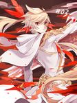  blonde_hair brown_background cowboy_shot earrings feather_earrings fire hood jewelry kamui_(tales_of_zestiria) lailah_(tales) long_hair looking_at_viewer male_focus ponytail red_eyes serious sketch solo sorey_(tales) tales_of_(series) tales_of_zestiria white_coat yurichi_(artist) 