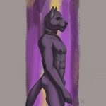  2017 abs abstract_background animal_genitalia anthro biped canine collar digital_media_(artwork) duir eyebrows fully_sheathed fur hi_res looking_at_viewer male mammal muscular muscular_male navel nipples nude pecs portrait purple_eyes purple_fur purple_nipples purple_nose purple_tail rov shaded sheath side_view signature snout soft_shading solo standing three-quarter_portrait wolf 