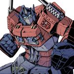  80s autobot blue_eyes broken clenched_hand commentary_request damaged fighting_stance glowing glowing_eyes headgear insignia kamizono_(spookyhouse) looking_at_viewer machinery mecha no_humans oldschool optimus_prime robot simple_background solo transformers white_background 