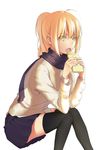 ahoge artoria_pendragon_(all) black_legwear black_scarf black_skirt blonde_hair eating eyebrows_visible_through_hair fate/stay_night fate_(series) green_eyes hair_between_eyes highres invisible_chair long_hair miniskirt nezumi_(tuboshu2013) open_mouth pleated_skirt ponytail saber scarf simple_background sitting skirt solo sweater thighhighs white_background white_sweater zettai_ryouiki 