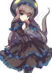  blue_eyes blue_ribbon blush bonnet brown_hair dress eyebrows_visible_through_hair frilled_dress frills gothic_lolita highres holding kemono_friends komodo_dragon_(kemono_friends) komodo_dragon_tail lolita_fashion long_hair long_sleeves looking_at_viewer missile228 mushroom ribbon sketch smile solo speech_bubble translated tsurime white_background 