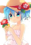  blue_eyes blue_hair commentary_request flower hat hatsune_miku ikari_(aor3507) looking_at_viewer short_hair smile solo sun_hat vocaloid white_background 