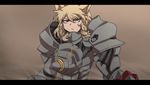  :/ animal_ears armor blonde_hair breastplate brown_eyes commentary cosplay highres kemono_friends letterboxed long_hair looking_at_viewer metal overwatch power_armor reinhardt_(overwatch) reinhardt_(overwatch)_(cosplay) serious solo standing takoongyi upper_body v-shaped_eyebrows white_rhinoceros_(kemono_friends) 
